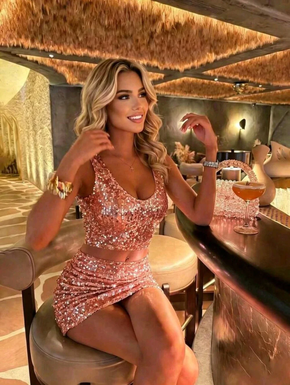 Women's Elegant Sexy Luxury Glamorous Shiny Gold Sequin Elastic Cami Top & Skirt